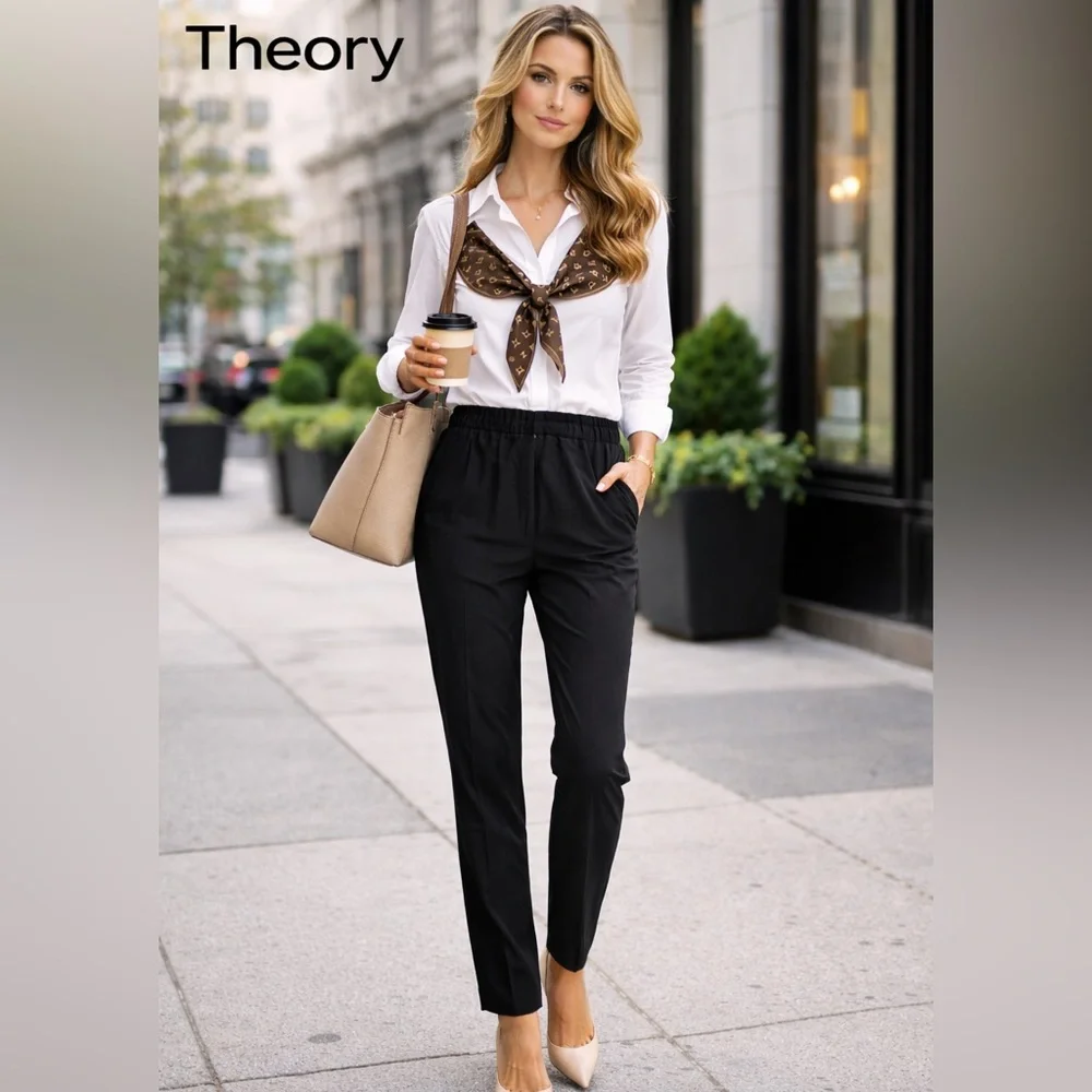 Theory,Eco-Crunch Wash, Pull-On Tailored Trouser Black Minimalist Pant,Size 4